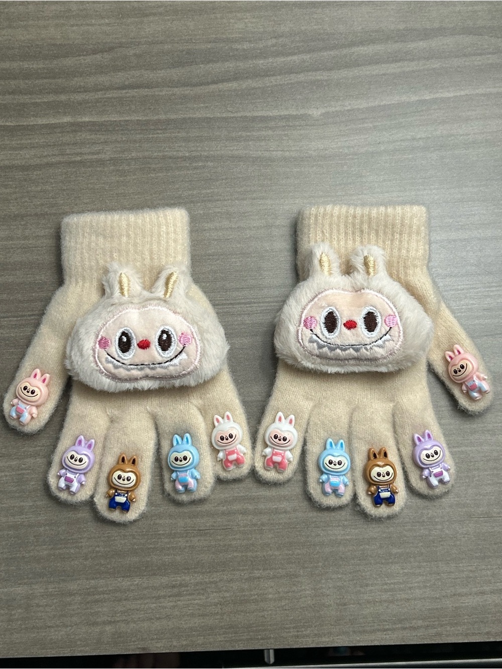 Kids Cream Labubu style  Character Gloves